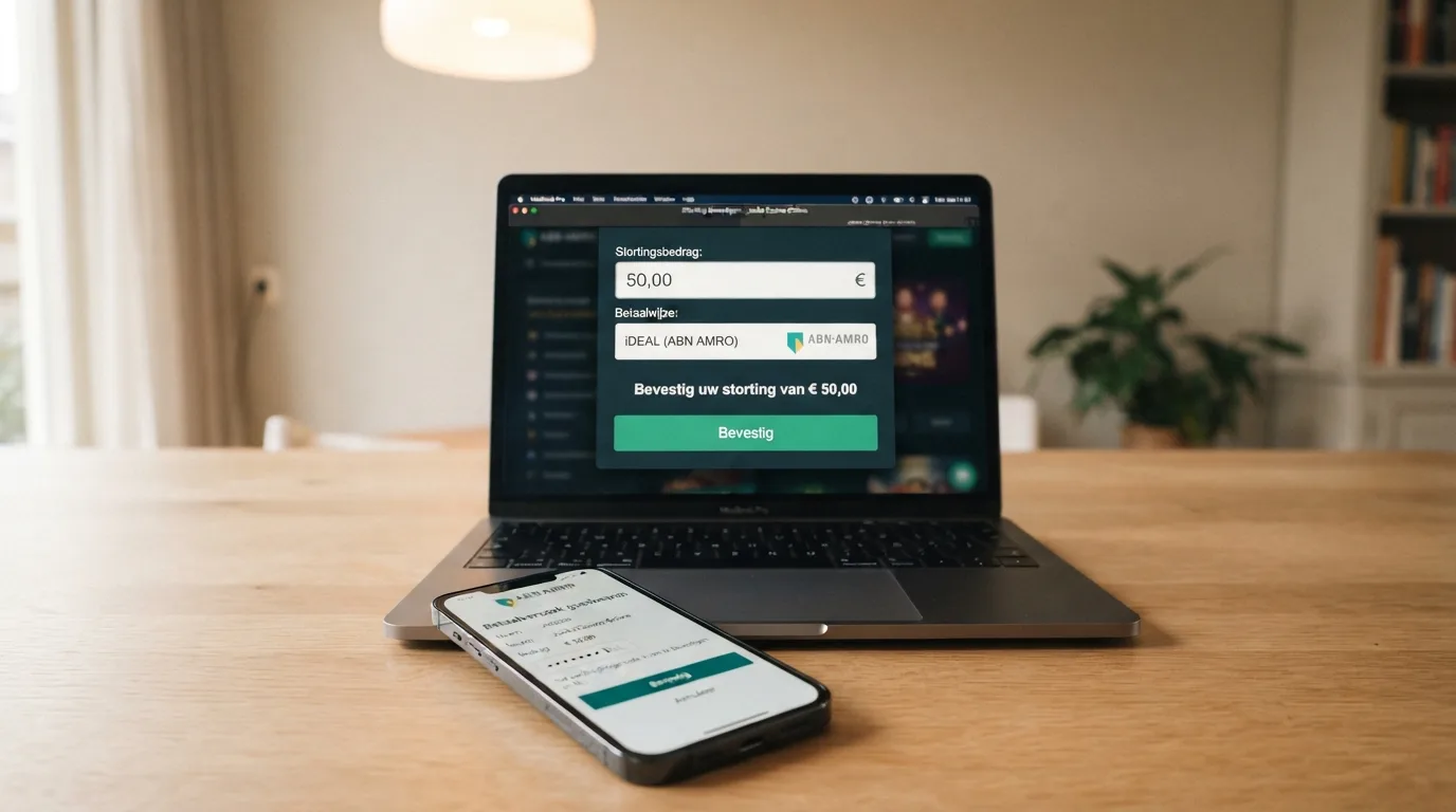Het stortingsscherm van een online casino met Bancontact als geselecteerde betaalmethode, met een bevestigingsvenster op de voorgrond