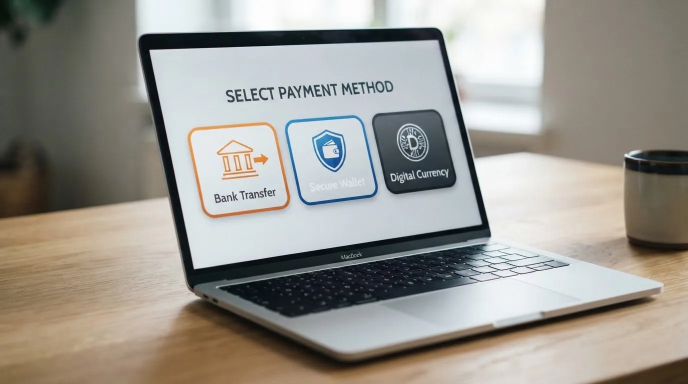 Betaalknoppen van iDEAL, Trustly en crypto naast elkaar op een beeldscherm
