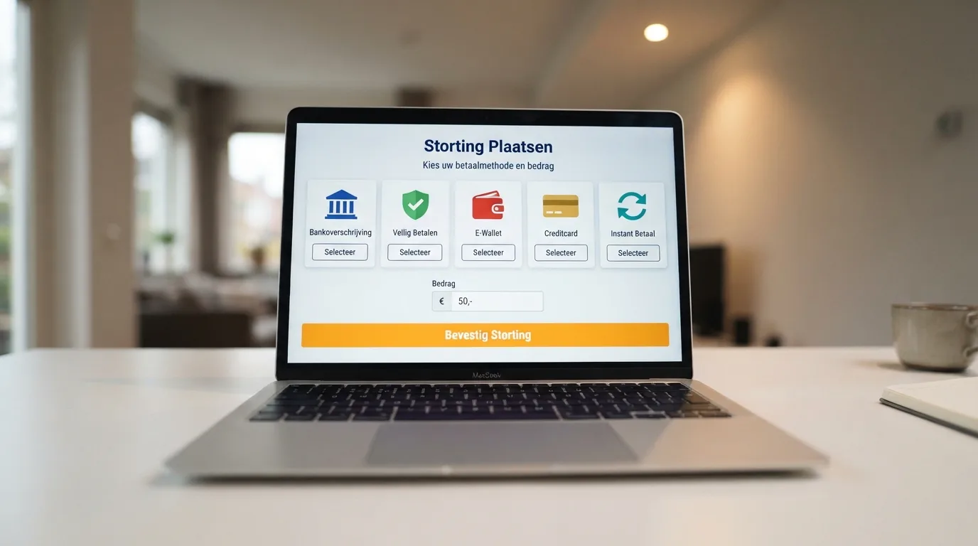 Een rij betaalmethode-logo's — iDEAL, Trustly, PayPal, Visa, Mastercard — boven het stortingsscherm van een Nederlands online casino