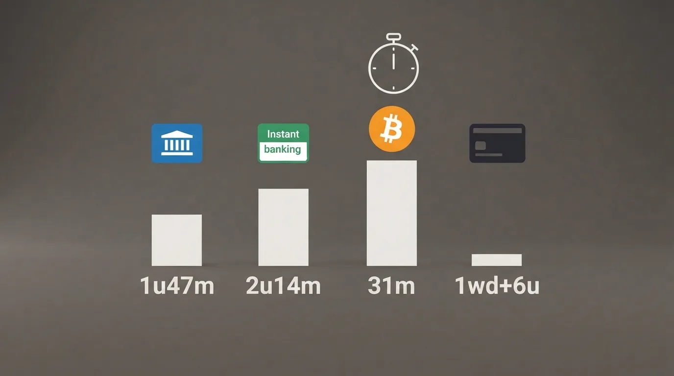 De logo's van iDEAL, Trustly, Bitcoin en Visa/Mastercard naast elkaar met een stopwatch die per methode een andere tijd aangeeft