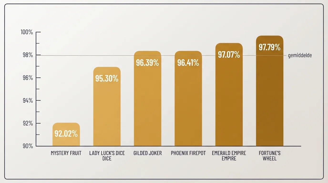 Zes Betsoft-gokkasten in een raster met hun RTP-percentages onder elke titel