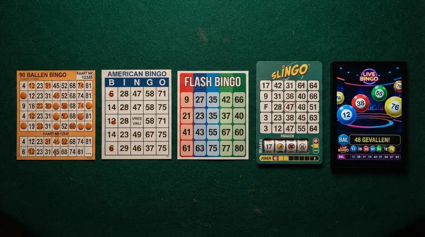 Drie naast elkaar geplaatste bingokaarten — 90-ball, 75-ball en 80-ball — met daaronder een Slingo-raster en een Mega Ball-tafel