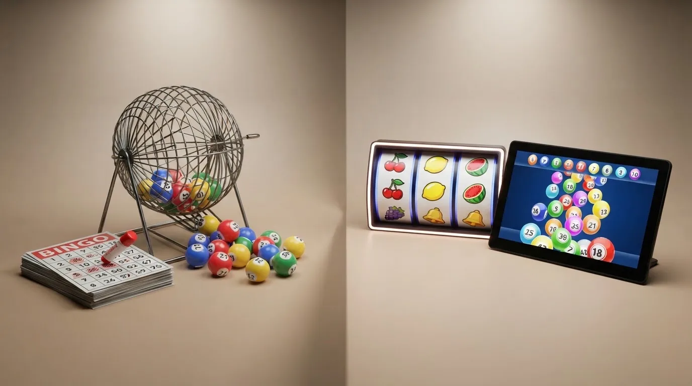 Twee kolommen met daarop de logo's van Winnitt en Unibet als enige live-bingoaanbieders, tegenover symbolen voor Mega Ball, Slingo en bingo-slots bij de overige aanbieders