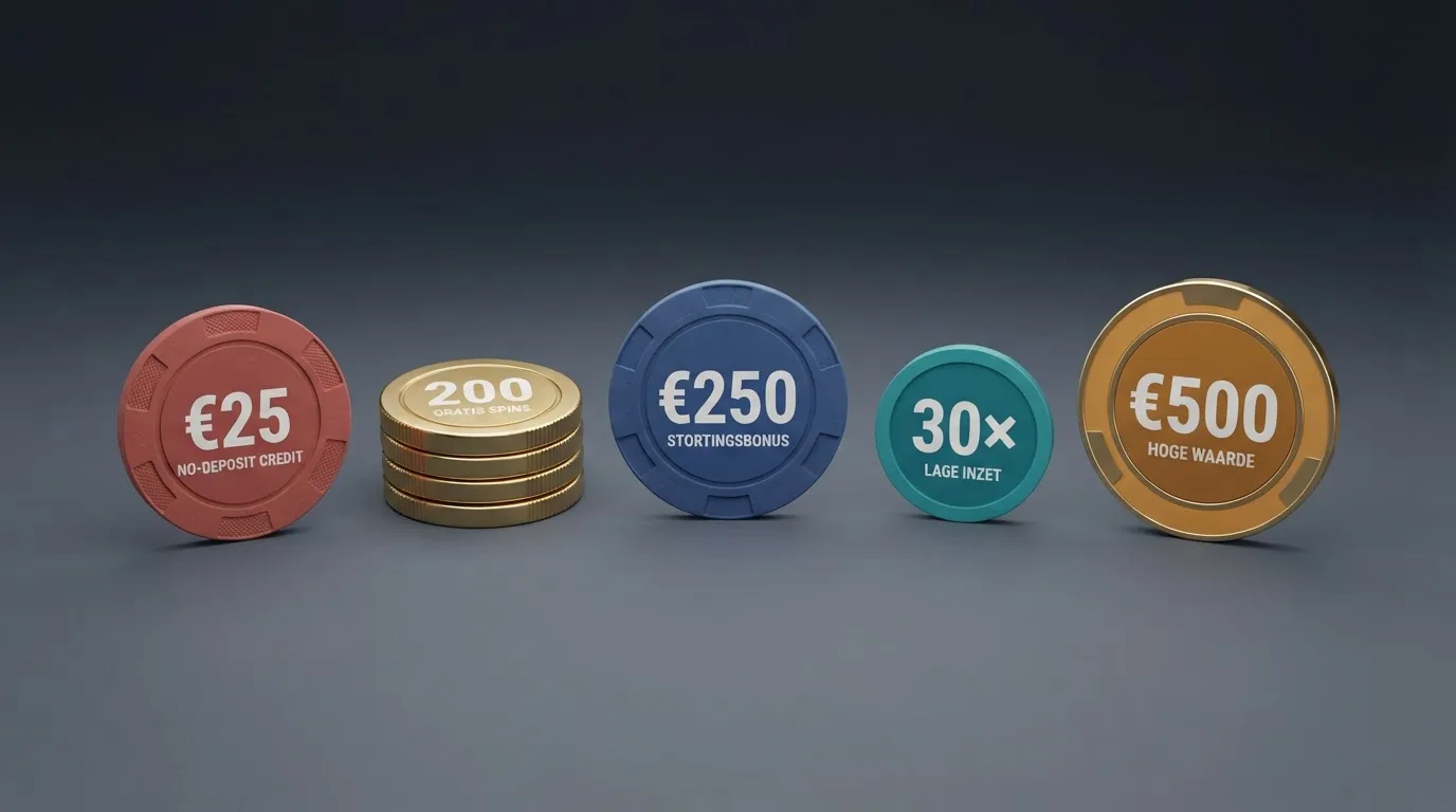 Een overzicht van verschillende bonustypes bij Nederlandse online casino's, met Ksa-keurmerk zichtbaar