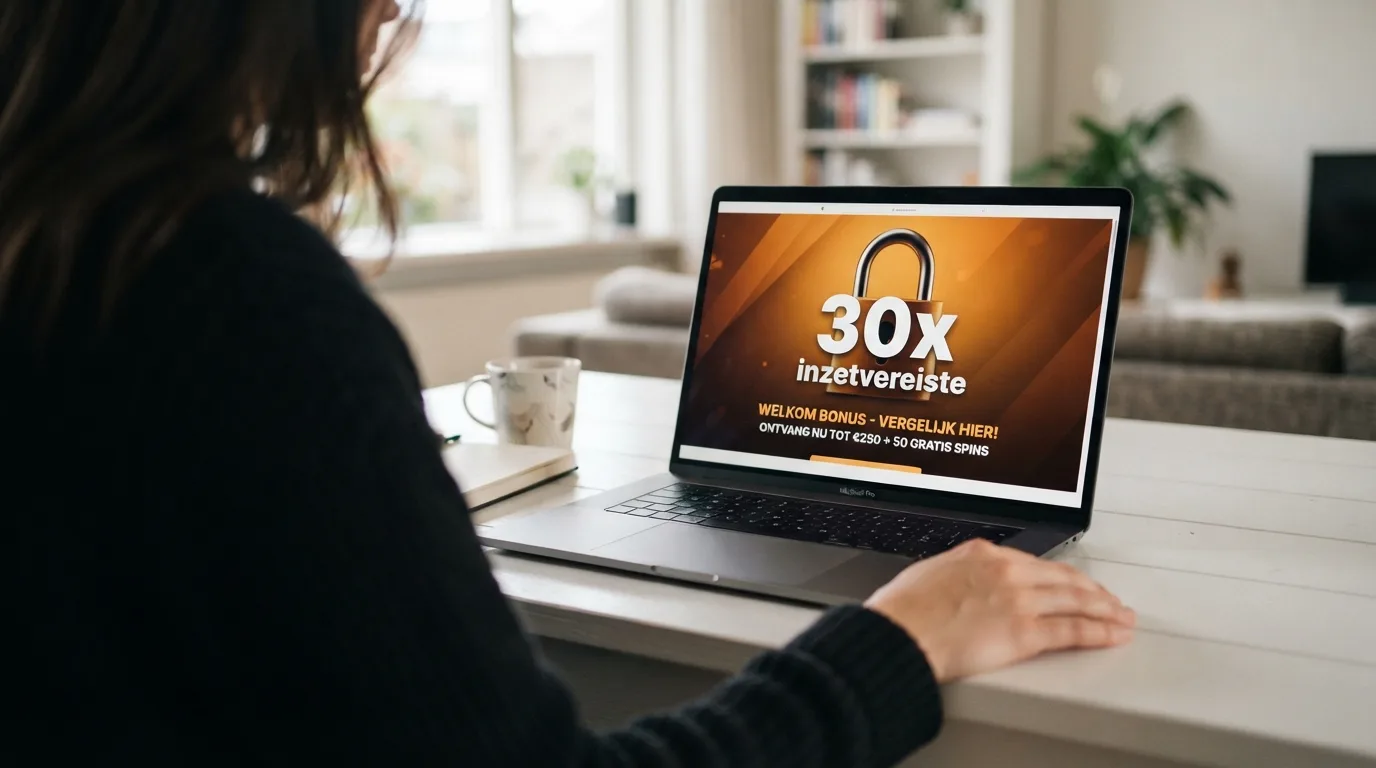 Een casino-welkomstbonus banner met een hangslot ervoor en de tekst “30x rondspeelvoorwaarde” uitgelicht