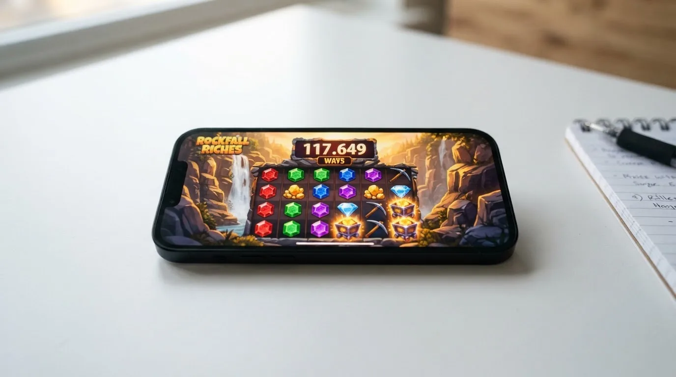 Een desktop- of mobielscherm met het Bonanza Megaways-spelraster, de waterval-achtergrond zichtbaar en het 117.649-winmanieren-display bovenaan