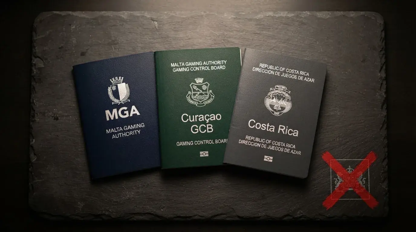 Drie paspoortachtige documenten met de opschriften MGA, Curaçao GCB en Costa Rica, met een rood kruis door een Ksa-logo