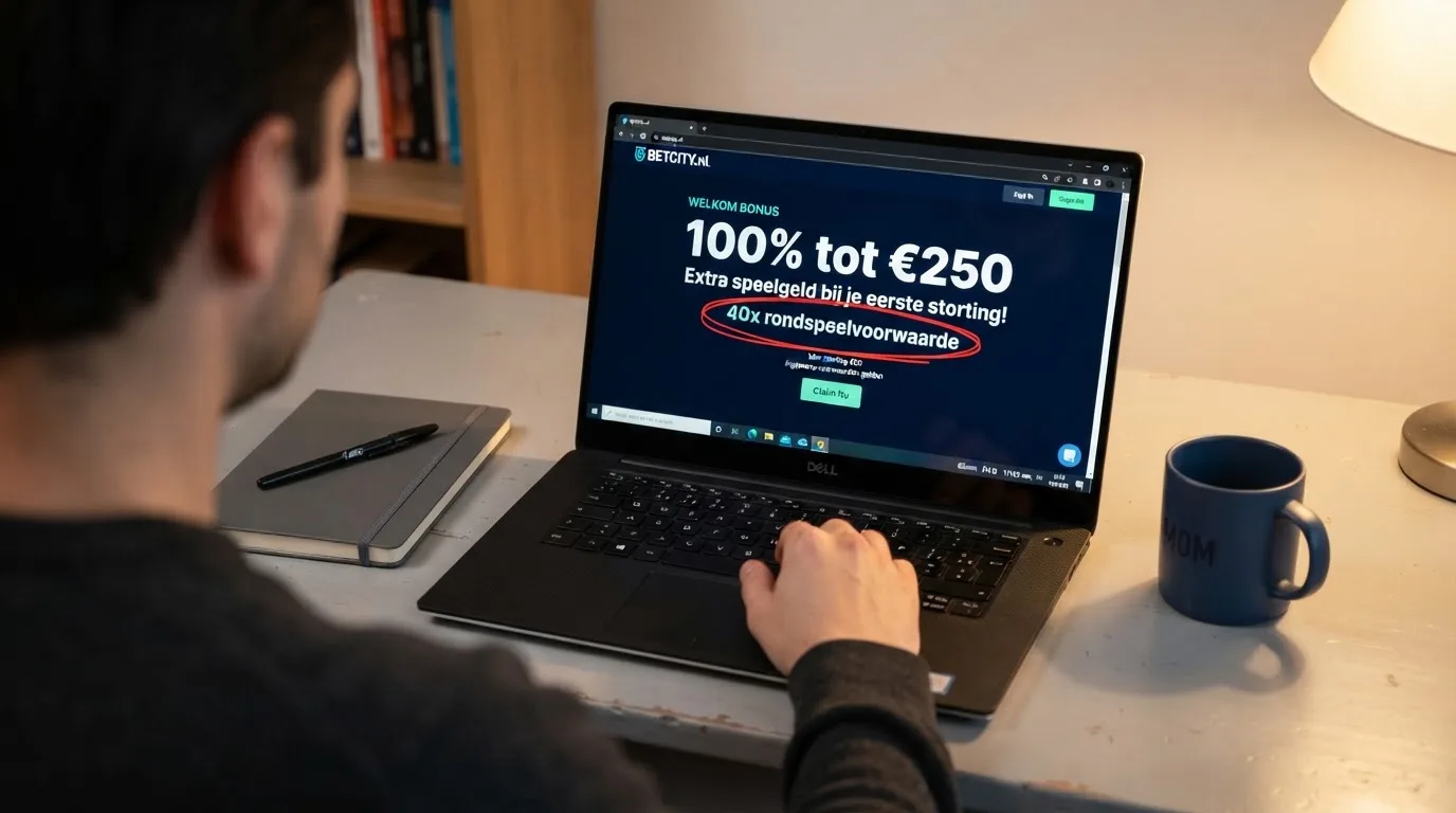 Een close-up van een casino-welkomstbonus-scherm met het matchpercentage en de rondspeelvoorwaarde duidelijk omcirkeld