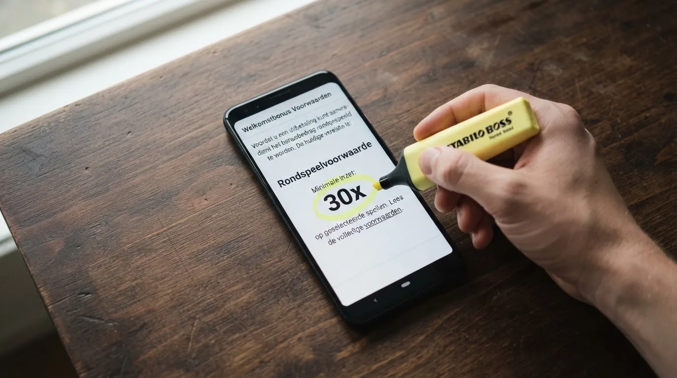 Een close-up van een bonusvoorwaarden-pagina op een smartphonescherm, met een markeerstift die het rondspeelvoorwaarde-percentage omcirkelt.