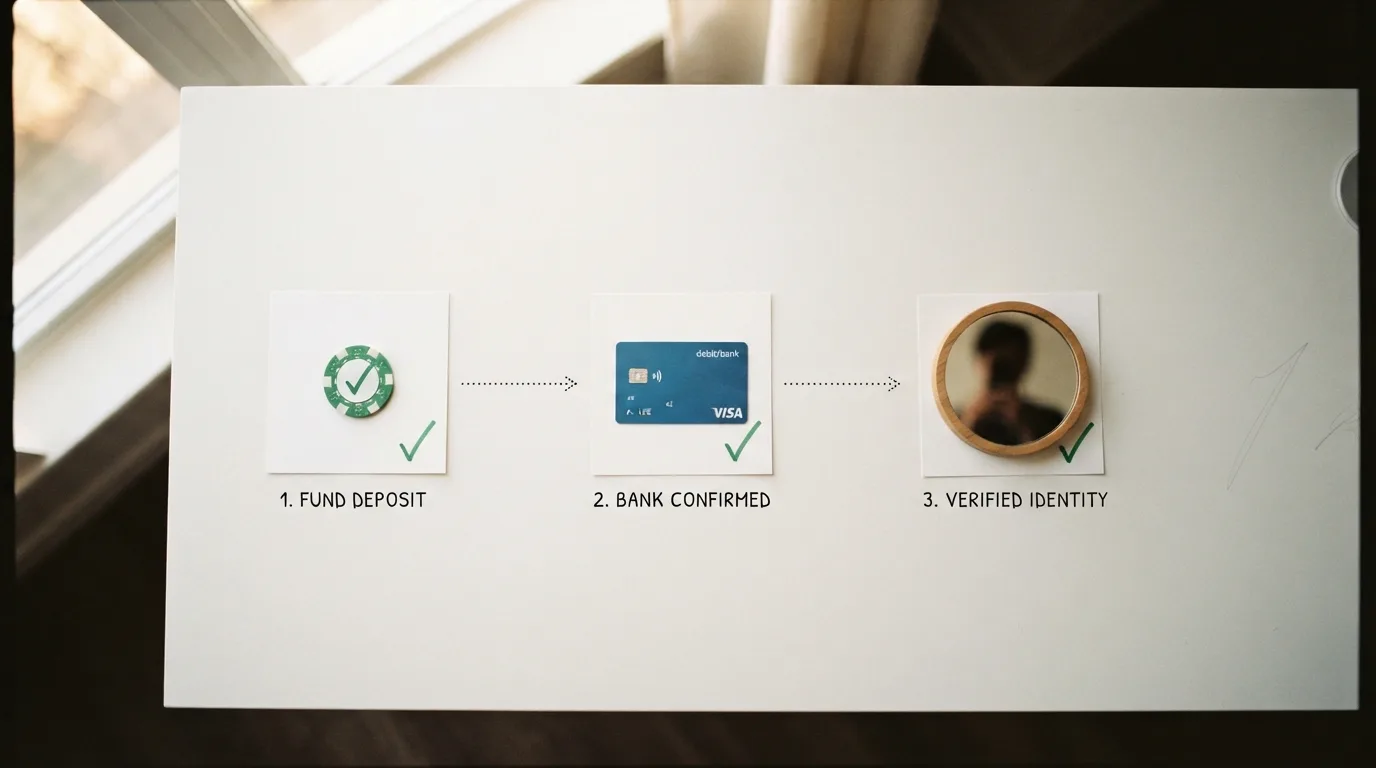 Een stappenplan in drie iconen: kies casino, koppel betaalmethode, verifieer account — met vinkjes bij elke stap