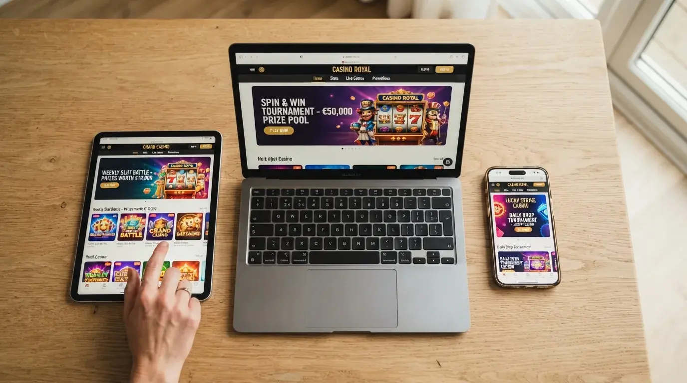 Verschillende openingspagina's van Nederlandse online casino's met toernooi-aankondigingen en promotiebanners naast elkaar