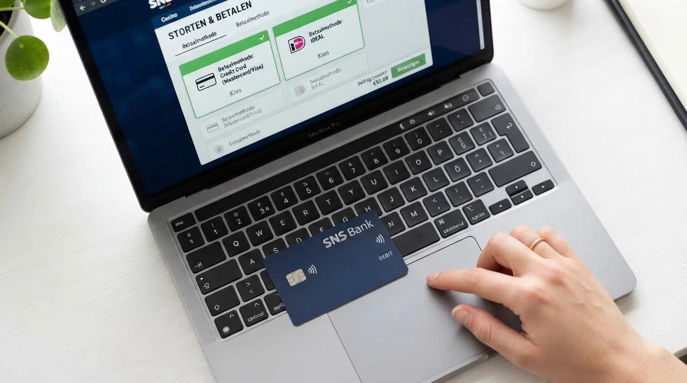 Een close-up van een creditcard die op een toetsenbord ligt, met op het scherm een casino-stortingspagina waarop Visa en Mastercard als opties zijn aangevinkt