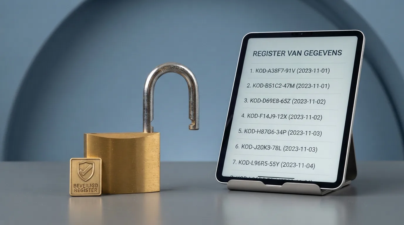 Een slot met een vergunningsbadge naast een scherm van het uitsluitregister