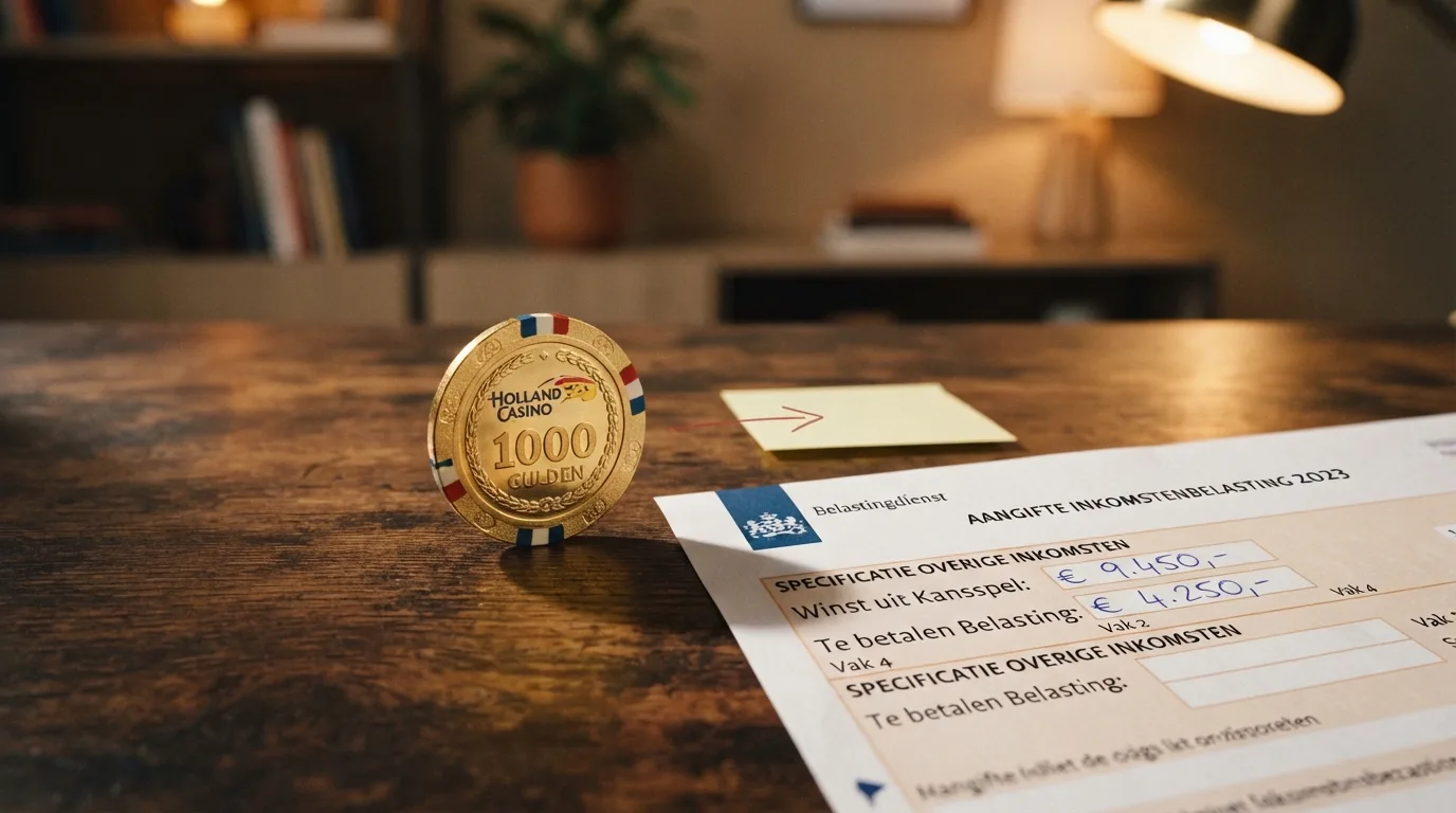 Een Bitcoin-munt naast een Nederlands belastingformulier, met een pijl van de munt naar het formulier