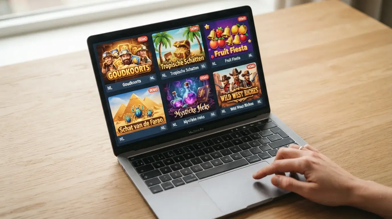 Een rij gratis slot-demo's die klaarstaan op het scherm van een vergund online casino