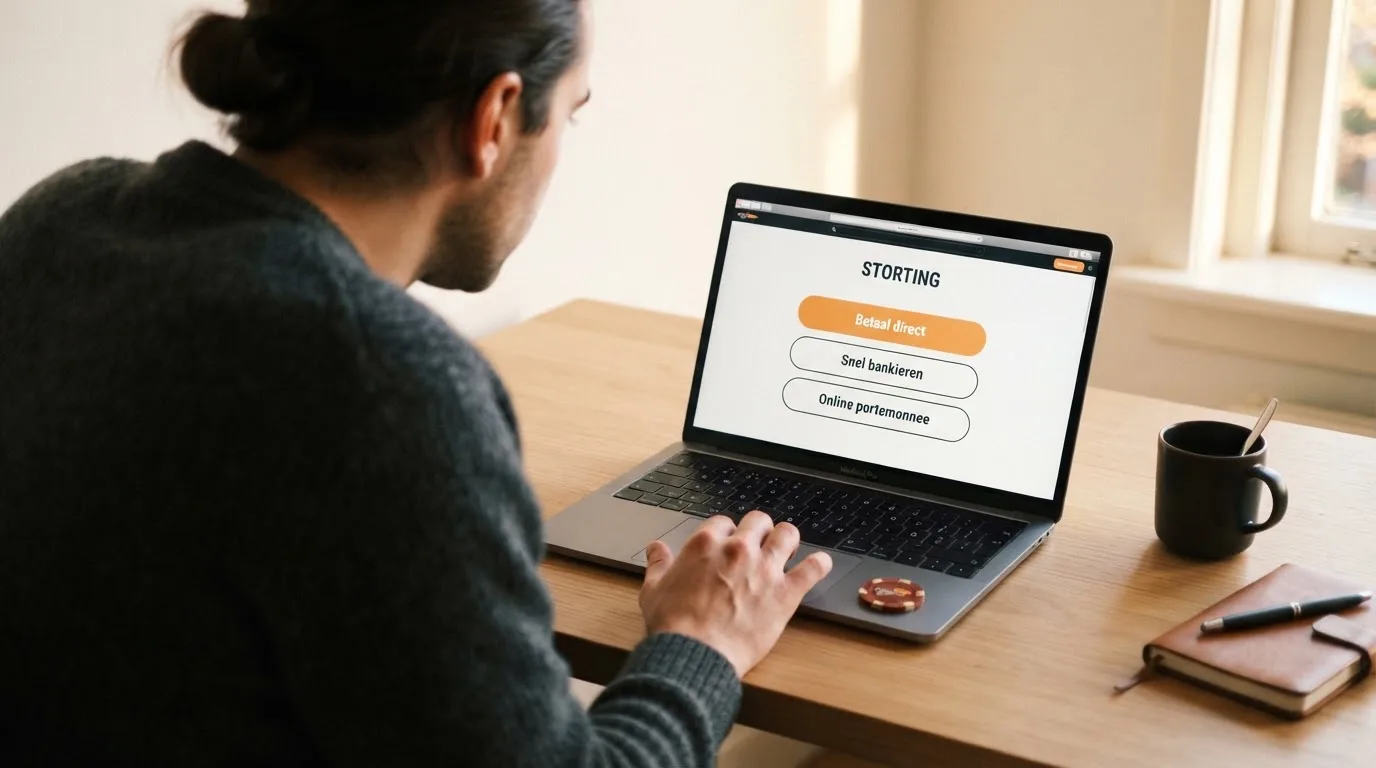 Een tablet of laptop met het betaalscherm van een online casino, waarop iDEAL, Trustly en PayPal als stortingsopties zichtbaar zijn