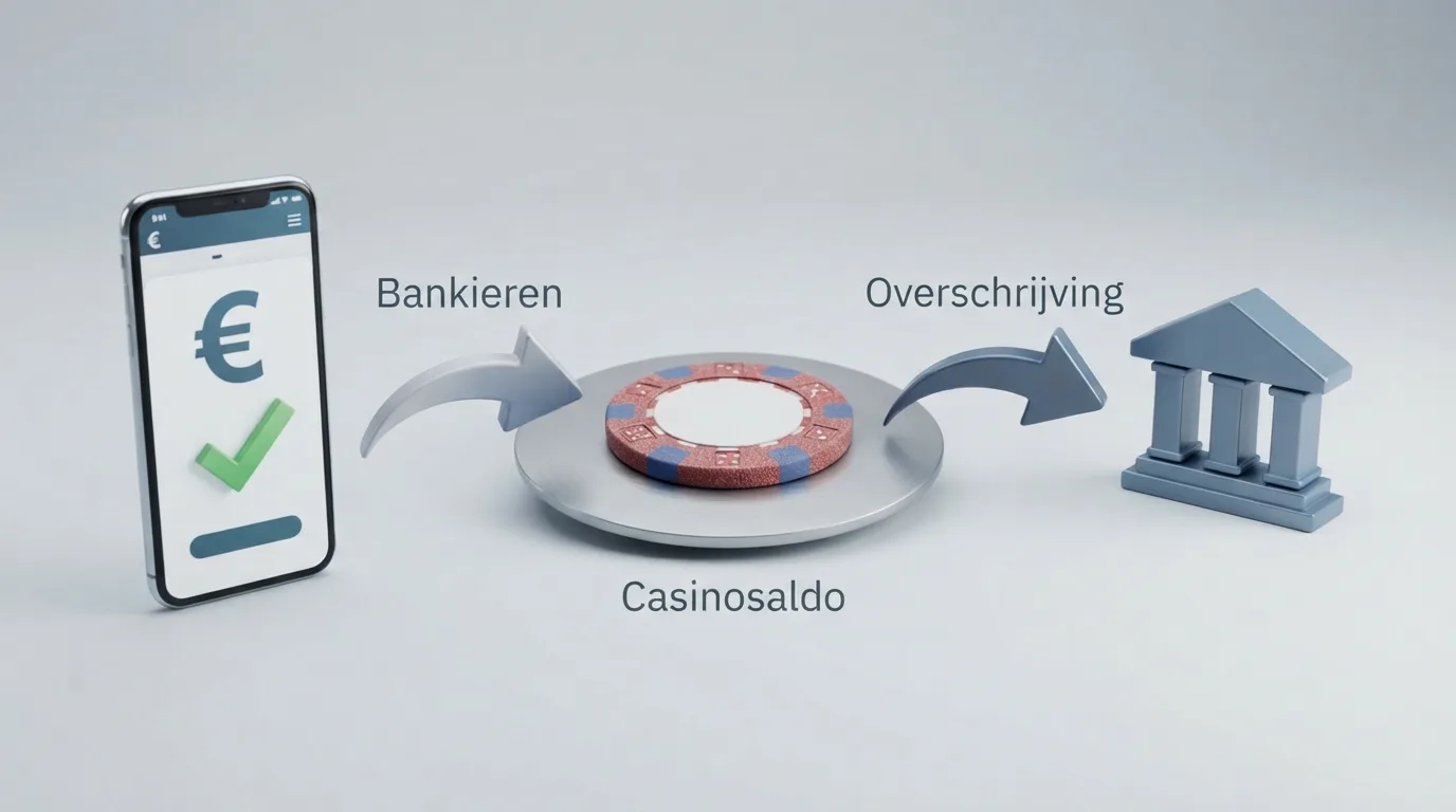 Een vereenvoudigd stroomschema van storting via iDEAL naar casinosaldo en van winst naar bankrekening via overschrijving