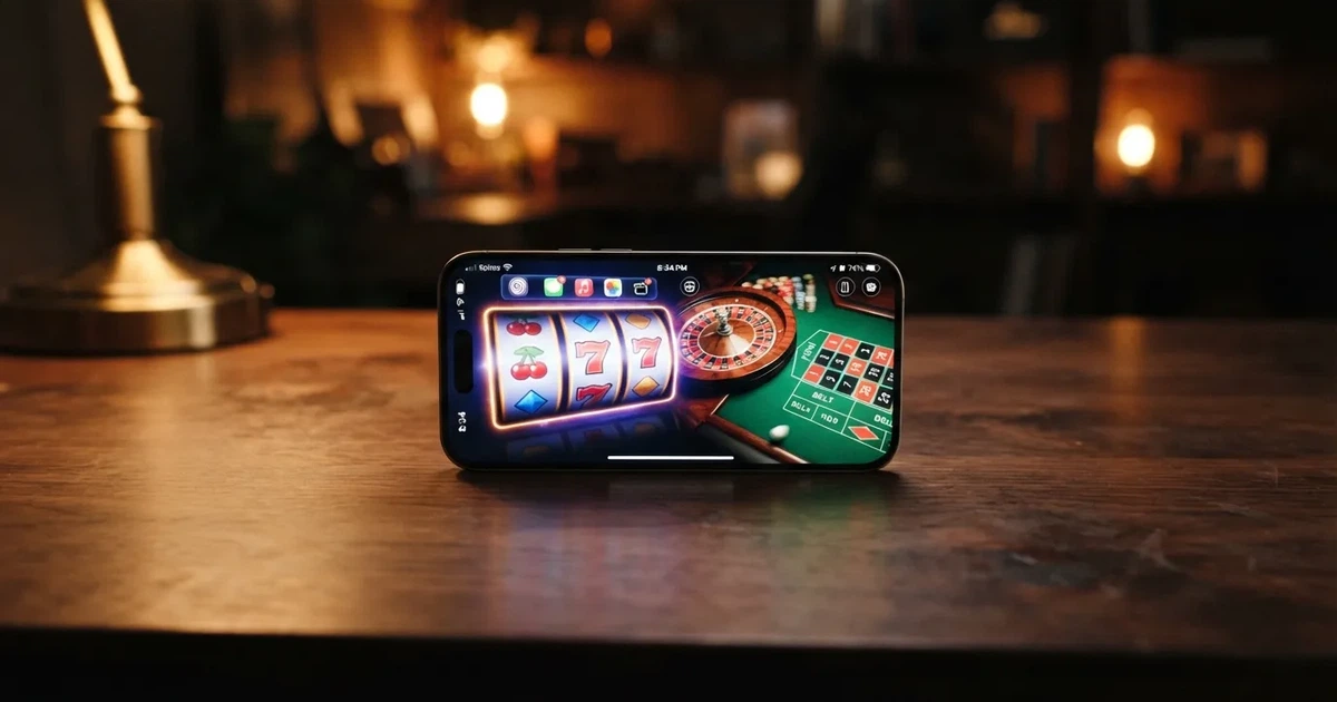 Een iPhone met een geopende casino-app waarop gokkasten en een roulettetafel te zien zijn
