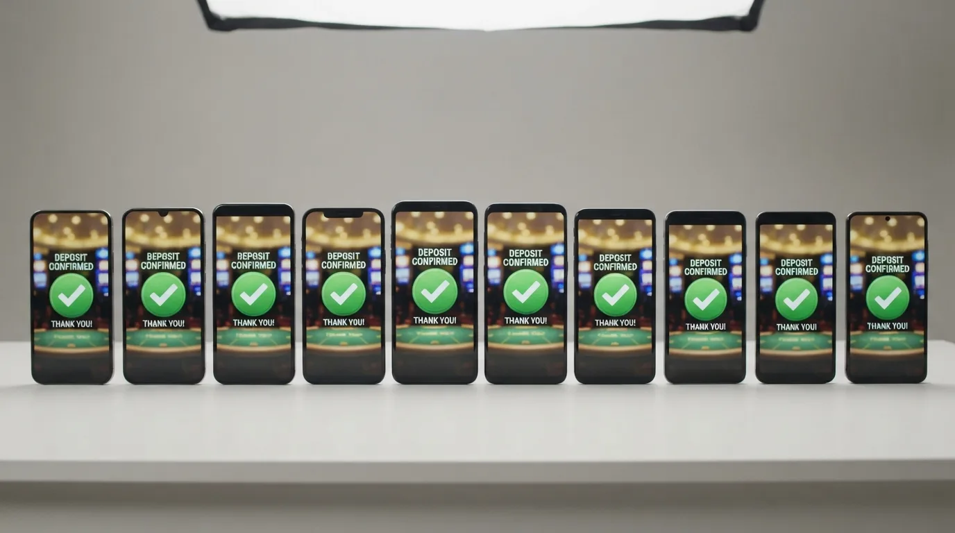 Een overzichtelijke rij van tien smartphone-schermen met daarop de logo's van de besproken Ksa-vergunde casino's, elk met een iDEAL-bevestigingsvinkje.