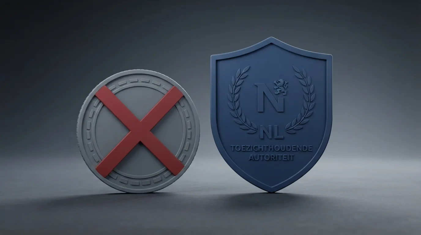 Het logo van de Kansspelautoriteit naast een doorgestreept cryptosymbool