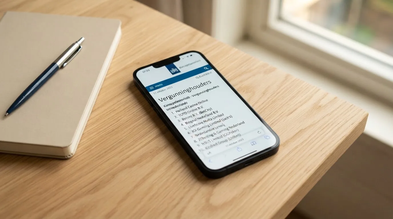 Een smartphone met daarop de website van de Kansspelautoriteit, met het KSA-logo en een casino-vergunningenoverzicht zichtbaar op het scherm
