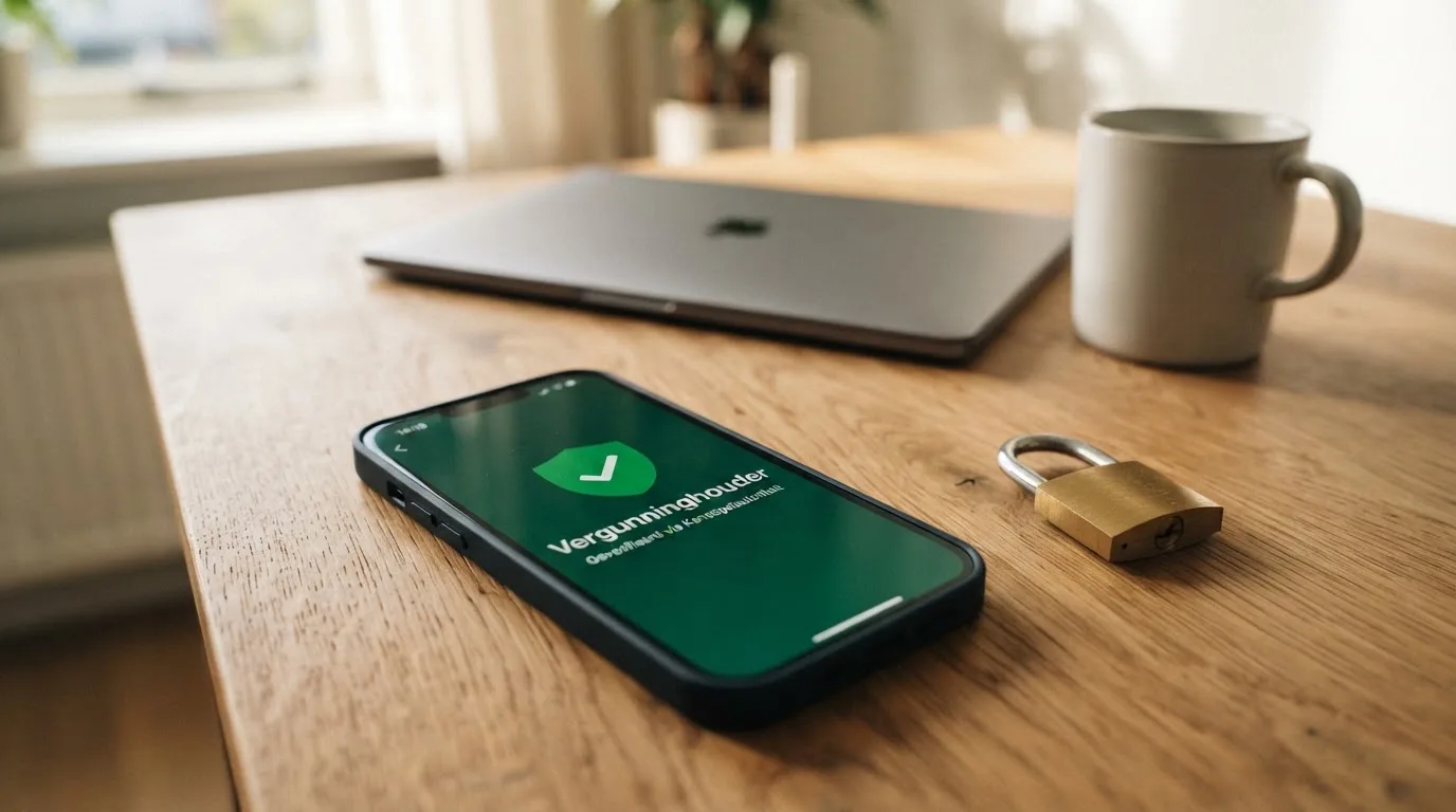 Het Kansspelautoriteit-logo naast een slot met een hangslot op een smartphonescherm, met de tekst “Vergunninghouder” zichtbaar