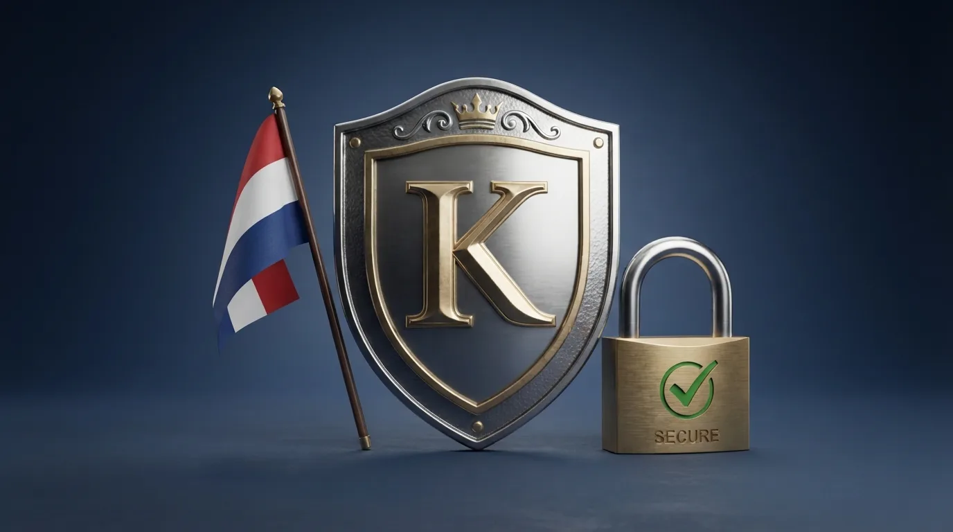 Het logo van de Kansspelautoriteit naast een Nederlandse vlag en een slot met een vinkje, op een donkere achtergrond