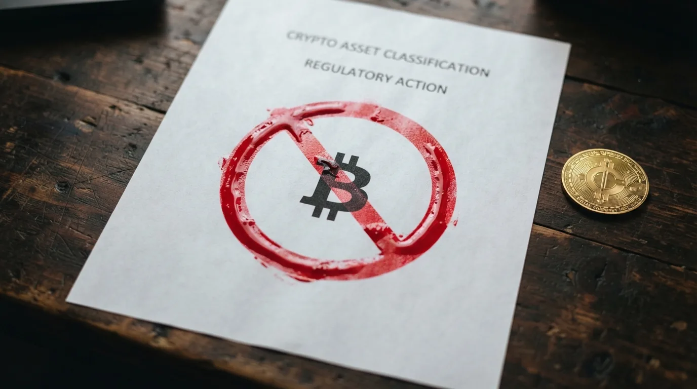 Het logo van de Kansspelautoriteit naast een document met een rood verbodssymbool over een Bitcoin
