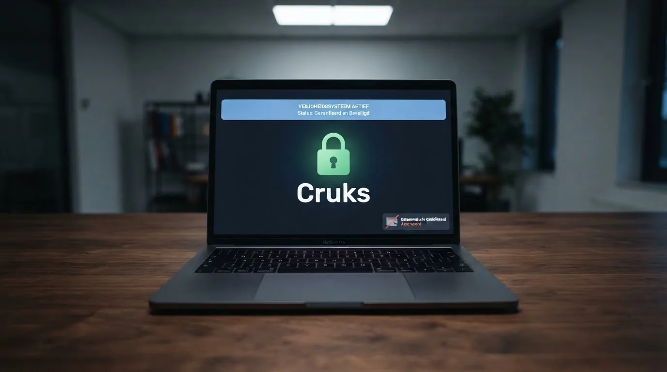 Het Kansspelautoriteit-logo naast een slotje en de tekst 'Cruks' op een laptopscherm, met een doorgestreept Skrill-logo in de hoek