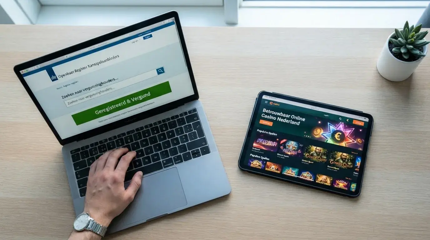 Een screenshot van het Ksa-openbare register met een vergunningdetailpagina, met daarnaast de homepage van een legaal online casino