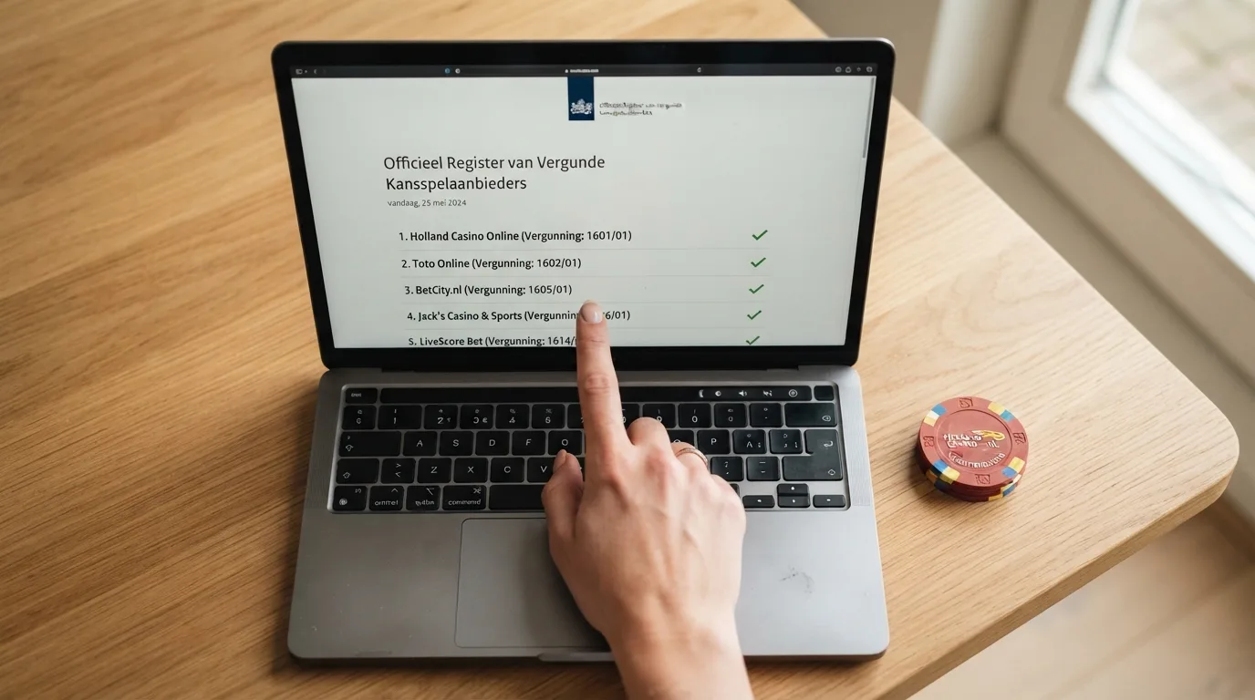 Het logo van de Kansspelautoriteit naast een fragment van het openbare vergunningenregister met een zichtbaar vergunningnummer