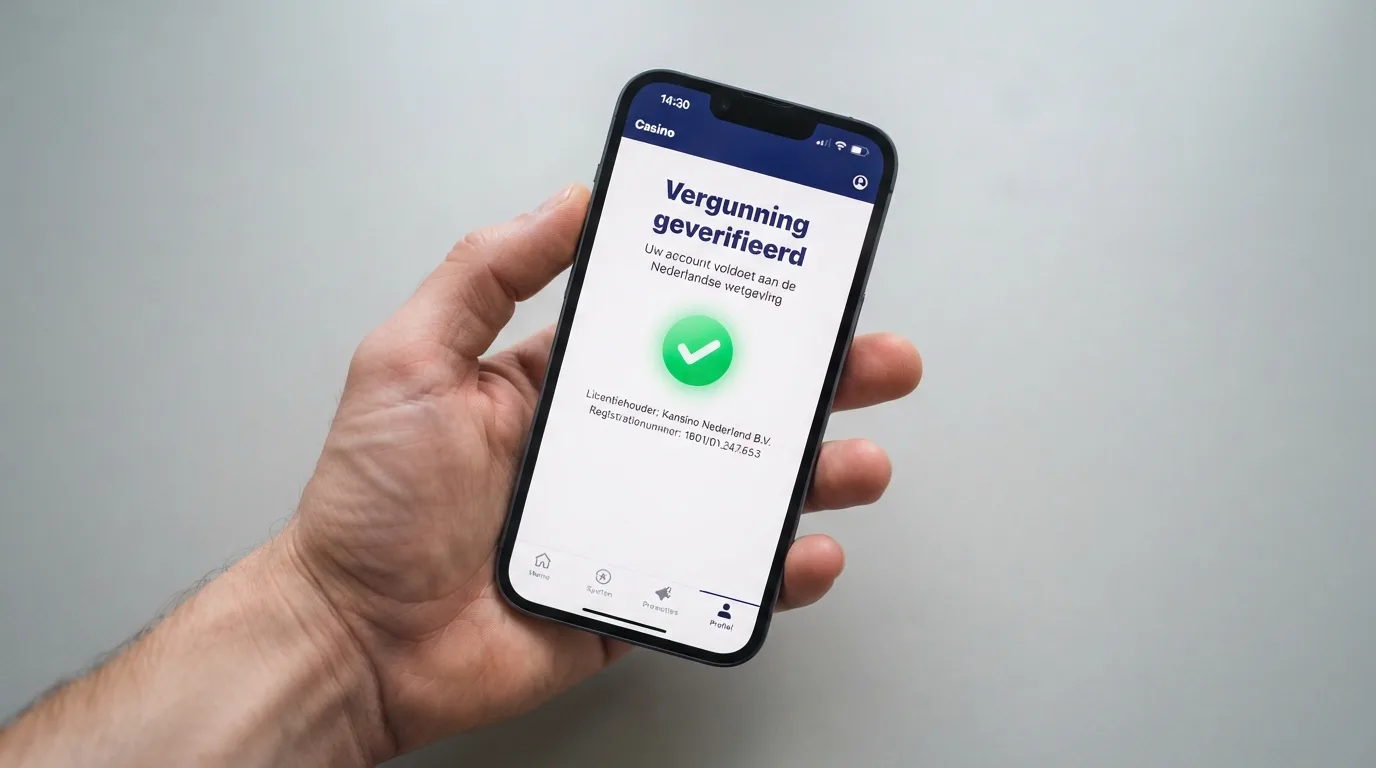 Het logo van de Kansspelautoriteit naast een vergunningsnummer op een telefoonscherm
