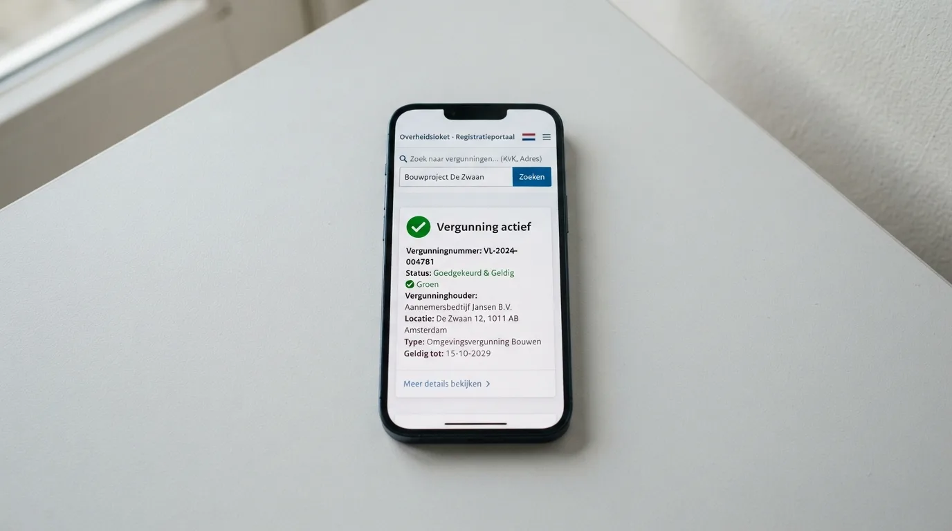 Een smartphone met daarop de Ksa-website en het vergunningenregister, met een vergunningdetailpagina zichtbaar