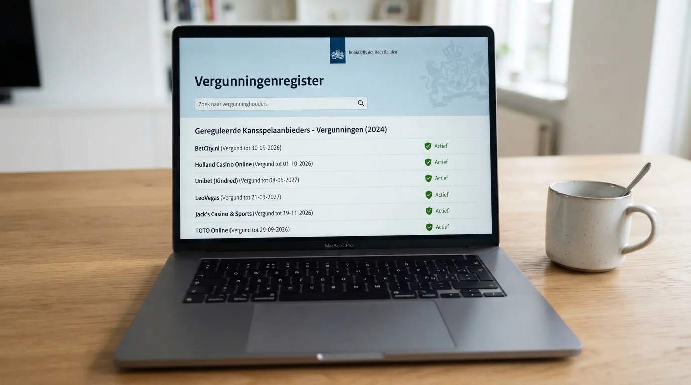 Het logo van de Kansspelautoriteit op een scherm met de Kansspelwijzer-zoekbalk en de tekst 'Vergunningenregister'