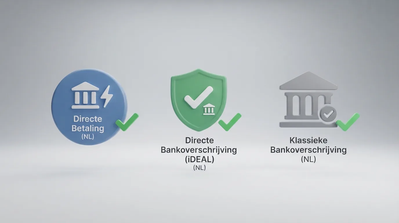 Drie herkenbare betaalmethode-iconen — iDEAL/Wero, Trustly en bankoverschrijving — naast elkaar met groene vinkjes, onder het kopje 'Wel geaccepteerd bij legale casino's'.