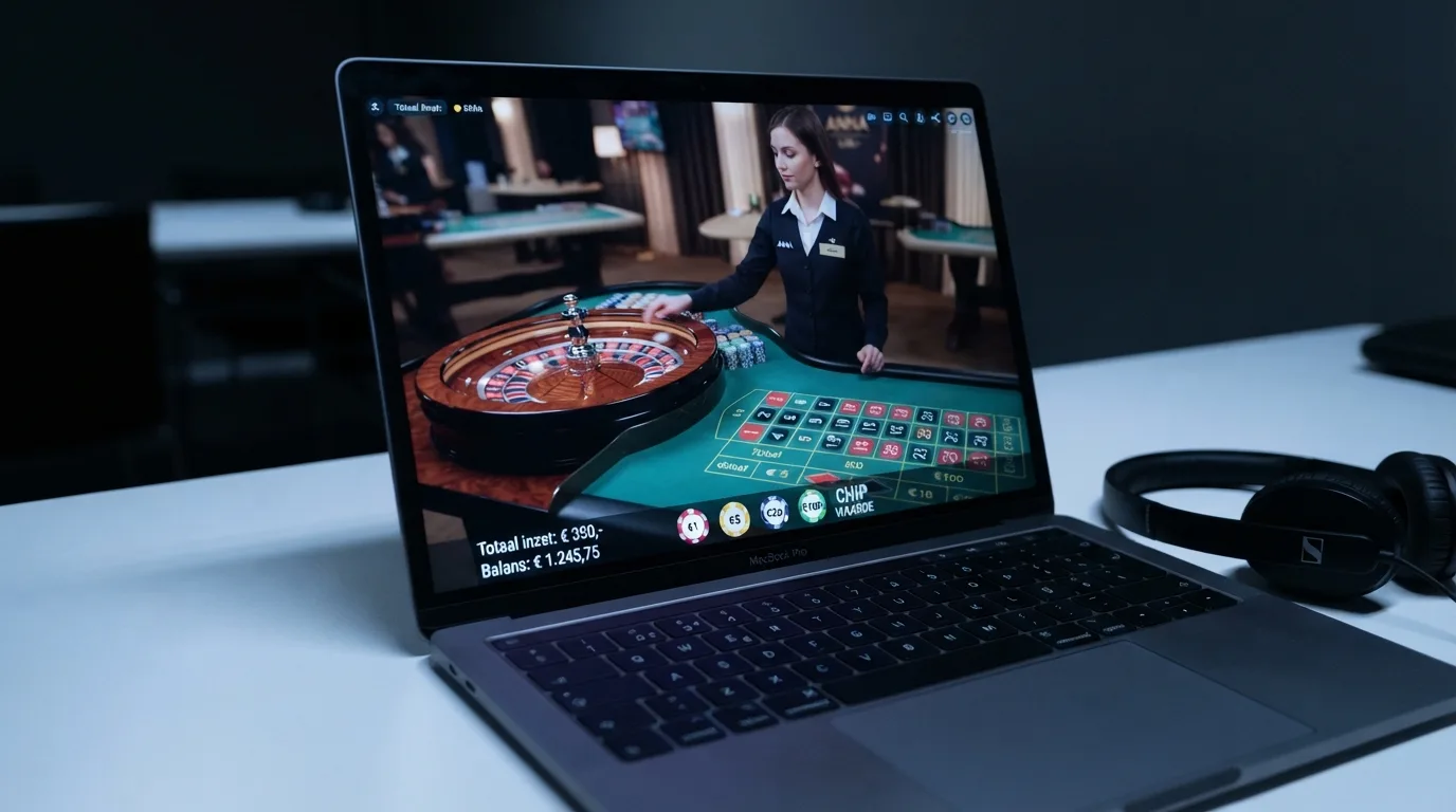 Een live-dealerstudio met een roulettetafel en een croupier, vastgelegd vanaf het spelersscherm