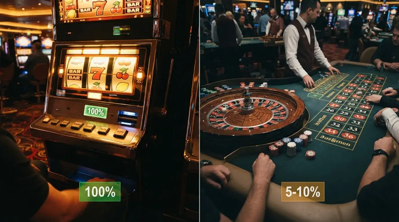 Een split-screen: links een gokkast met het label “100% wagering-bijdrage”, rechts een roulettetafel met “5-10% bijdrage”