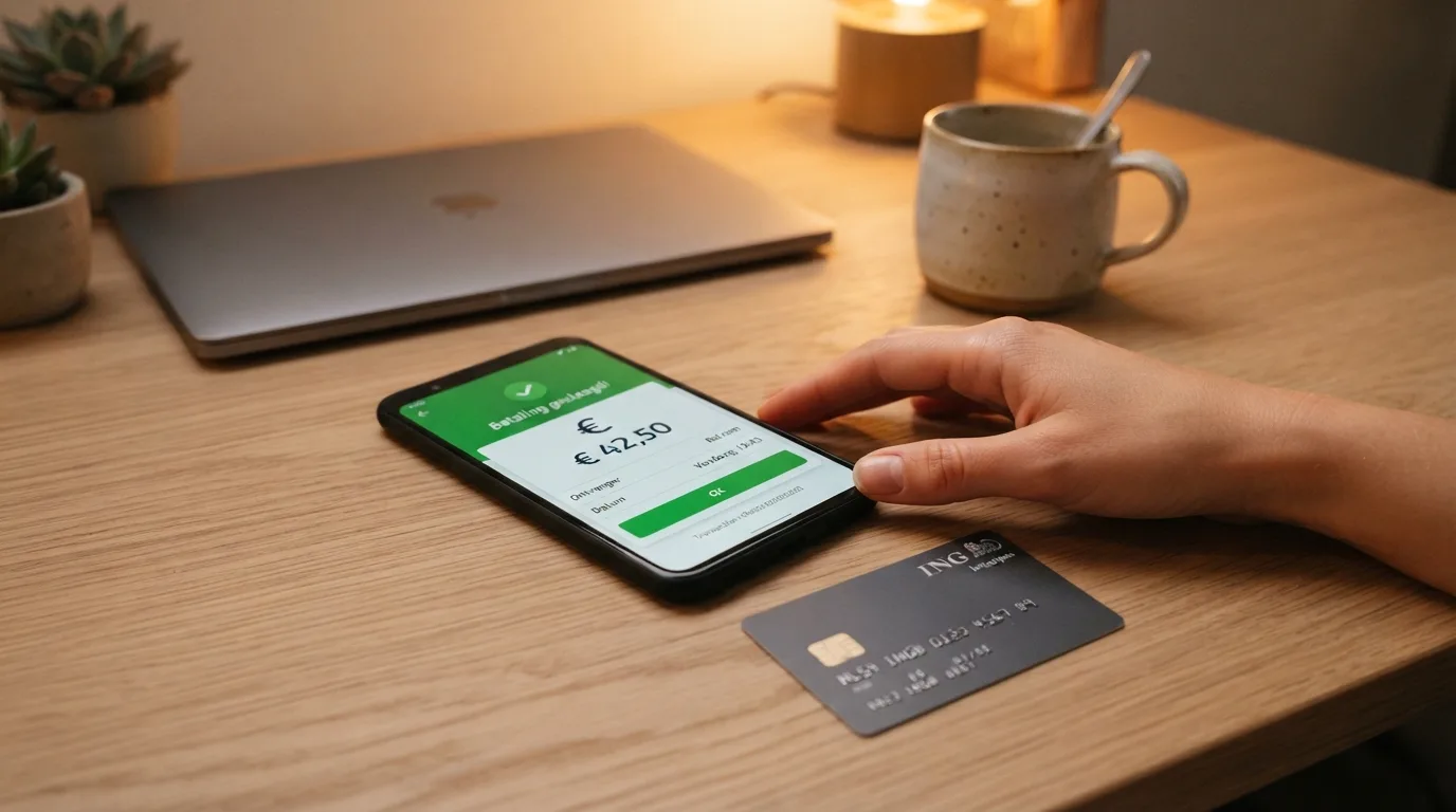 Een bankapp die een uitbetaling op een IBAN-rekening toont, met een Mastercard ernaast
