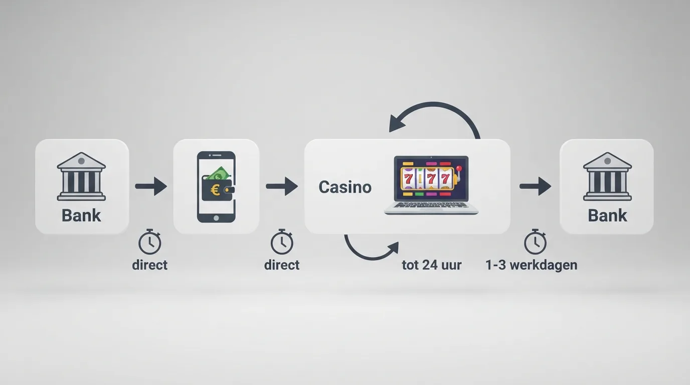 Een stapsgewijs diagram dat de geldstroom toont: iDEAL of bank → MiFinity-wallet → online casino → MiFinity-wallet → bankrekening, met tijdsindicaties bij elke stap