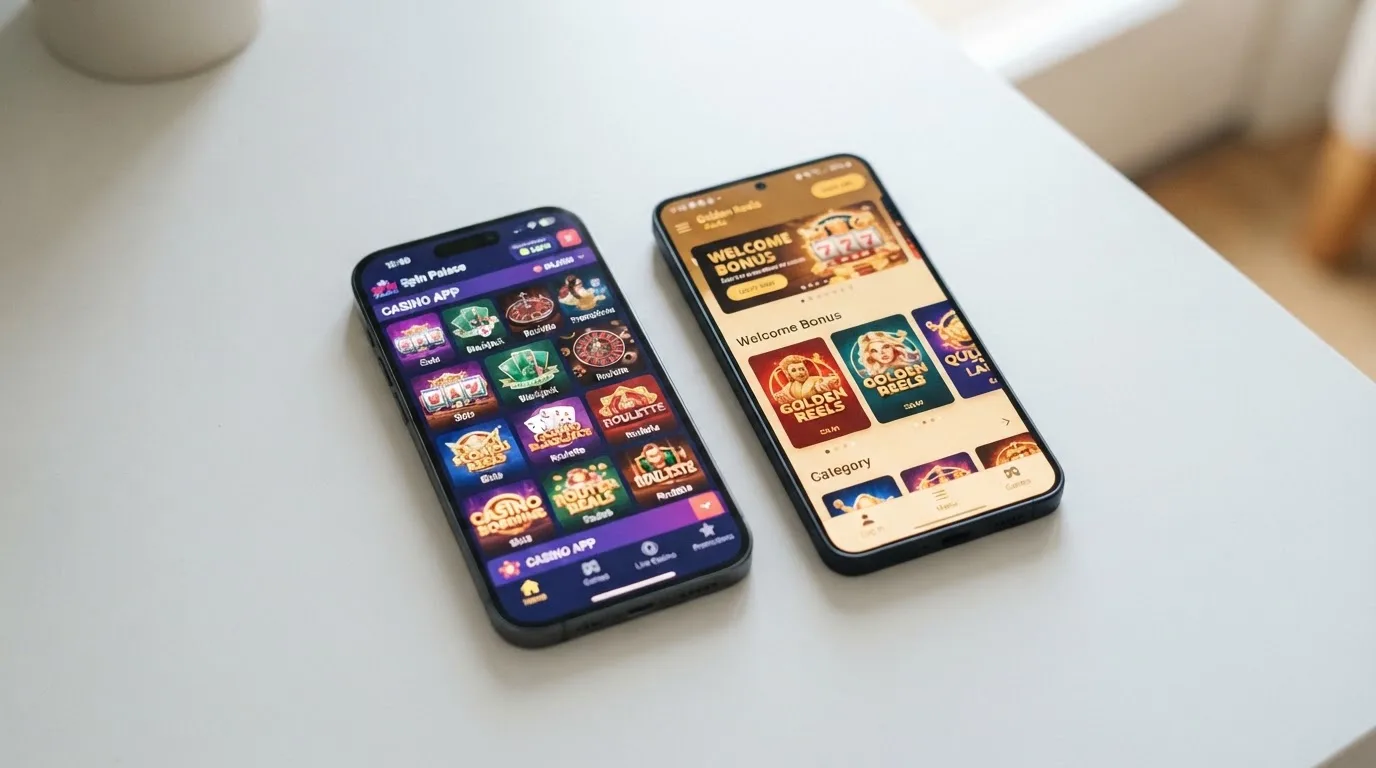 Twee smartphones naast elkaar met verschillende casinohomepages