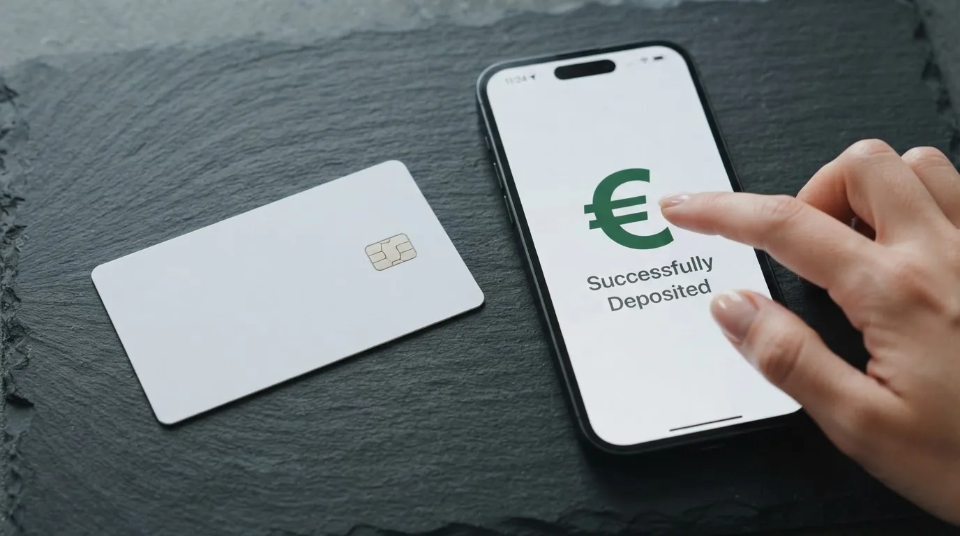 Een MuchBetter-pas en een smartphone die een casino-storting bevestigt