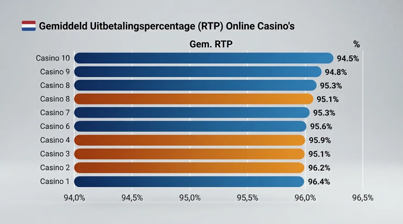 Een rij Nederlandse online casino-logo's gerangschikt met hun gemiddelde RTP-percentage eronder, op een schone vergelijkingspagina