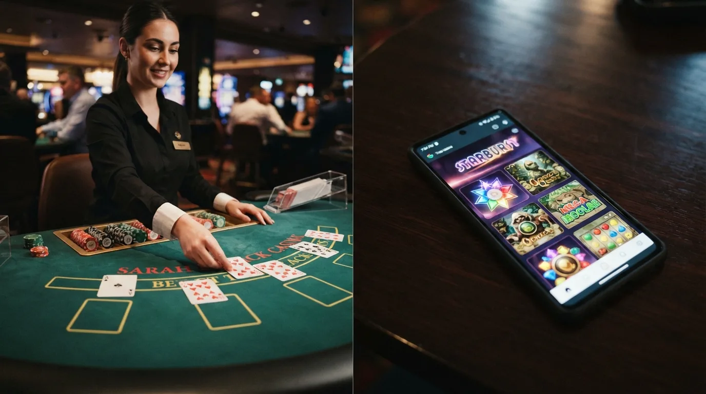 Een live-dealer blackjack-tafel in een studio-opstelling met Nederlandse interface, naast een grid van kleurrijke online slots.