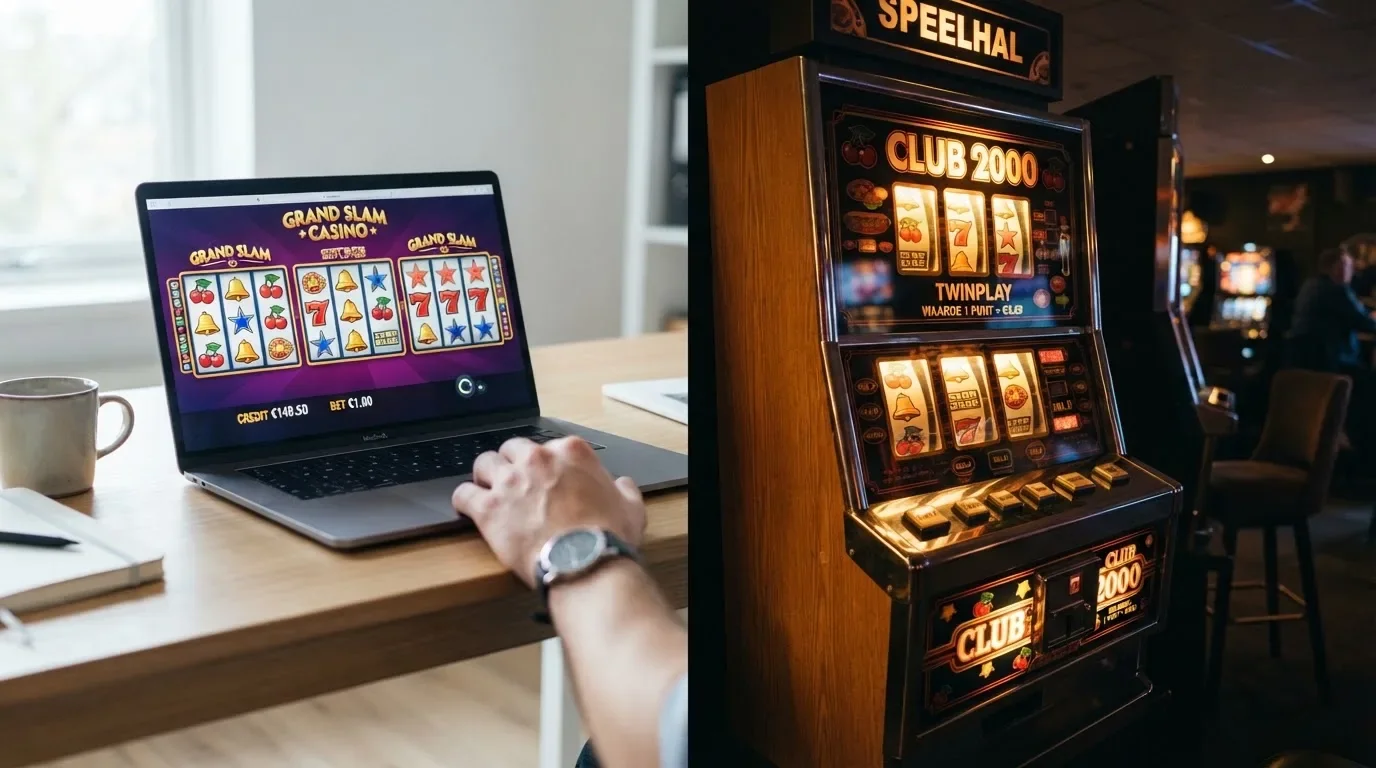 Split-screen vergelijking: links de online Club 2000 Deluxe-interface op een laptop, rechts de klassieke fysieke Club 2000-kast in een snackbar of gokhal