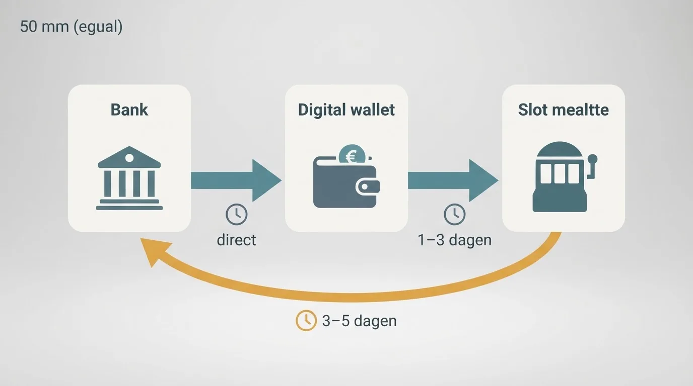Een stroomschema dat de route van bankrekening naar Payz-rekening naar online casino en terug toont, met de verwerkingstijden per stap