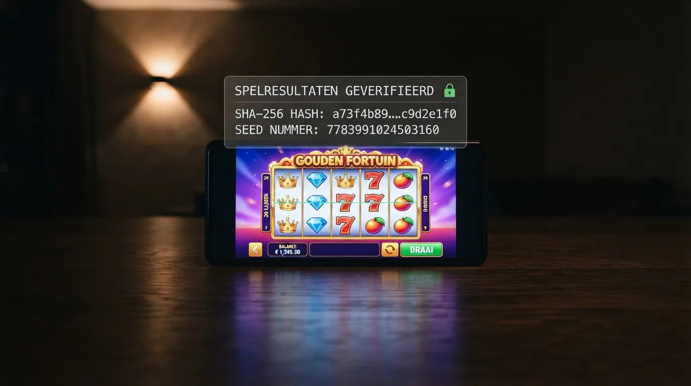 Een digitaal slotspel-scherm met een zichtbaar provably-fair-verificatievenster dat een hash-waarde en een zaadnummer toont, met een slotje icoon dat het verificatieproces symboliseert.