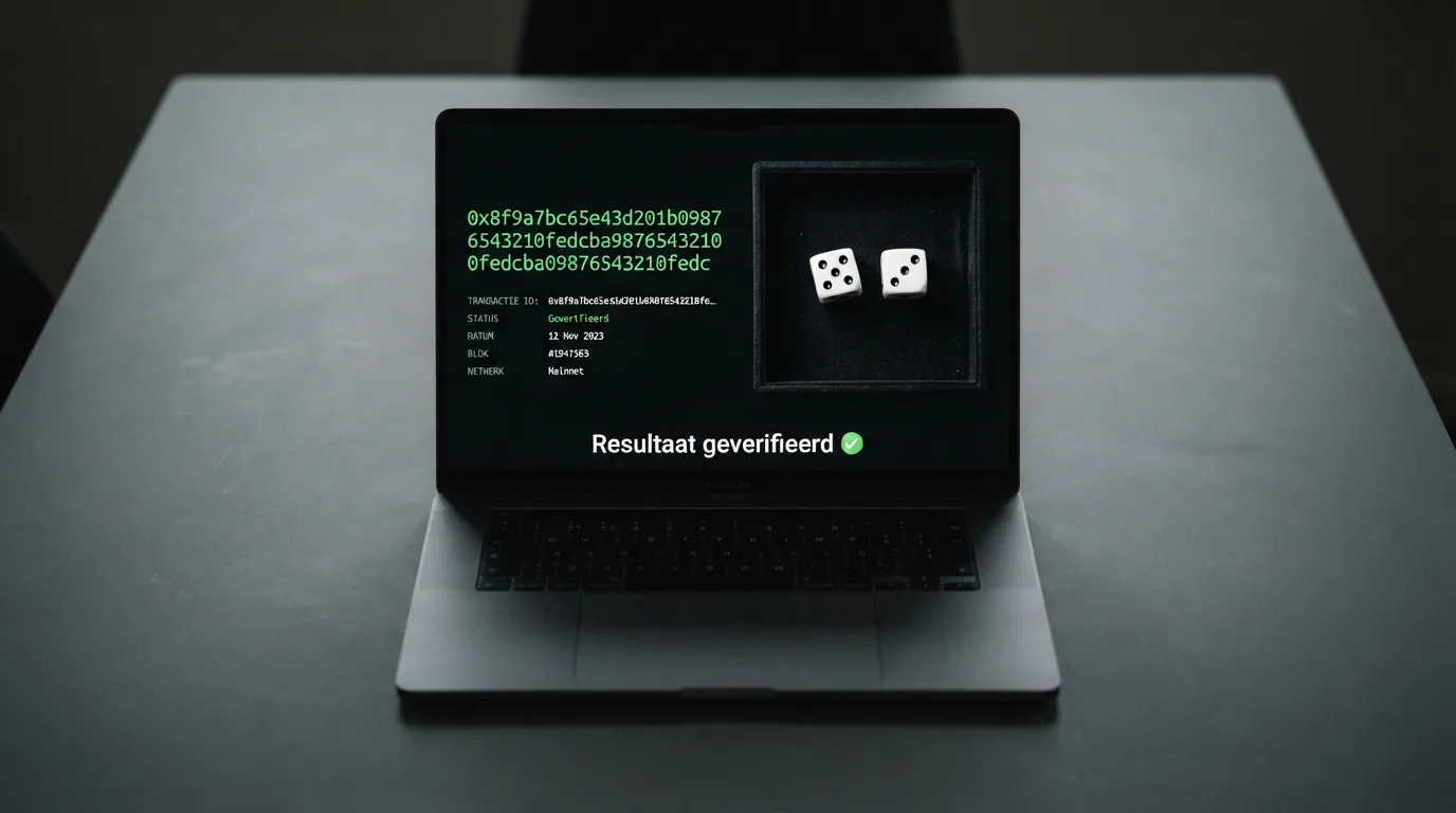 Een computerscherm met een cryptografische hash-code naast de uitkomst van een dobbelspel