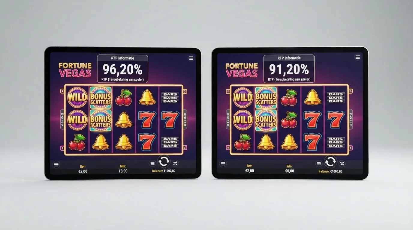 Een screenshot van dezelfde gokkast (Reactoonz 100) naast elkaar op twee schermen, met verschillende RTP-percentages in het informatiescherm (96,20% versus 91,20%)