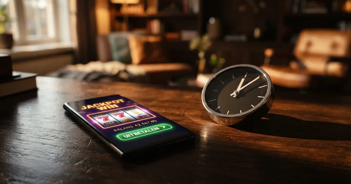 Een klok naast een smartphone met het scherm van een Nederlands online casino, geld dat virtueel wordt overgemaakt
