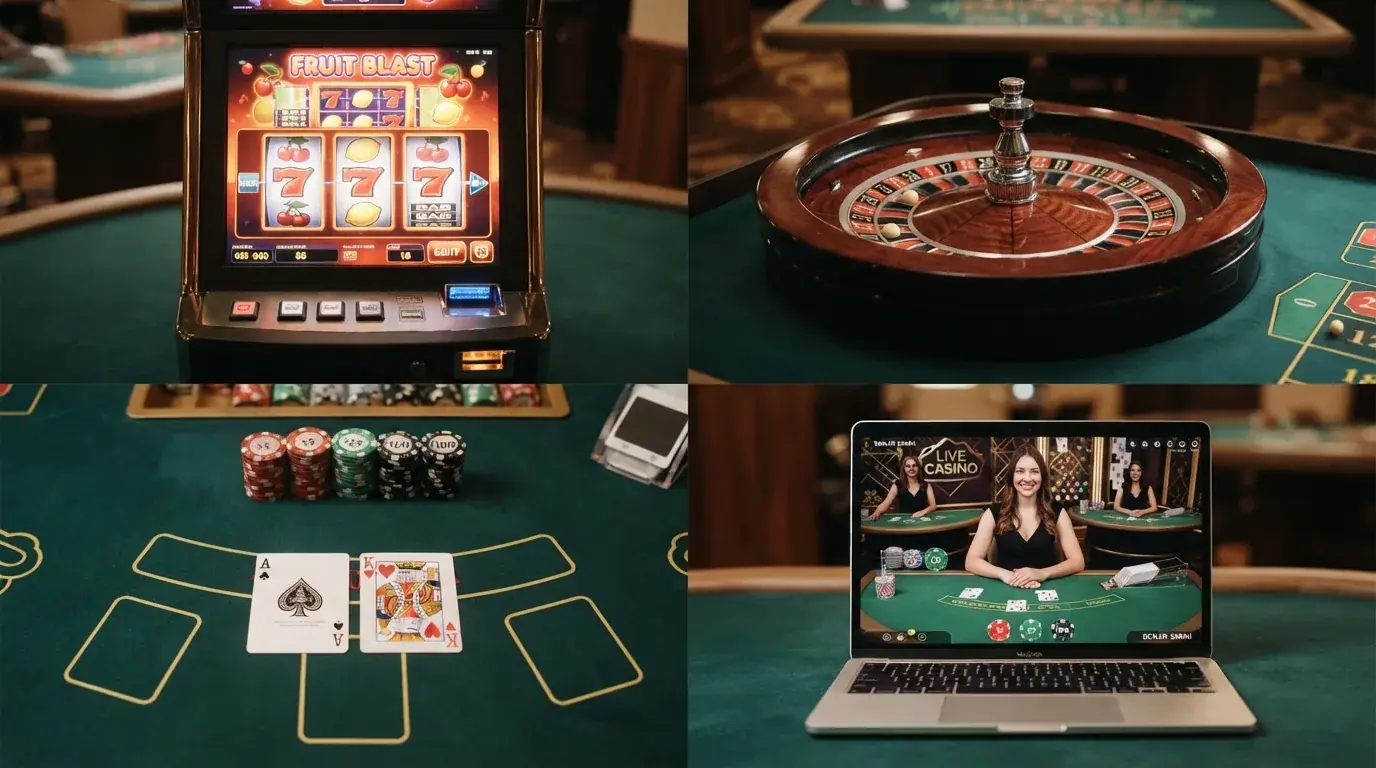 Vier verschillende casino spellen in beeld: een kleurrijke videoslot, een roulettewiel, een blackjackhand en een live dealer aan een tafel